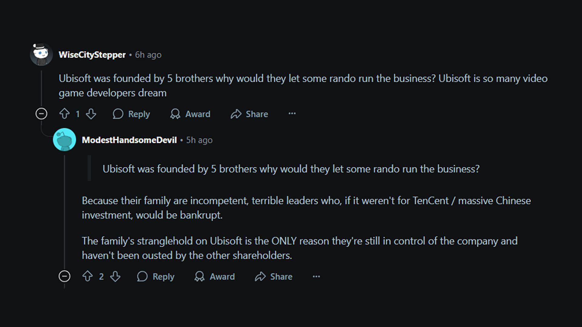 Users share opinions about the possible leadership problem in Ubisoft (Image via Reddit.com)