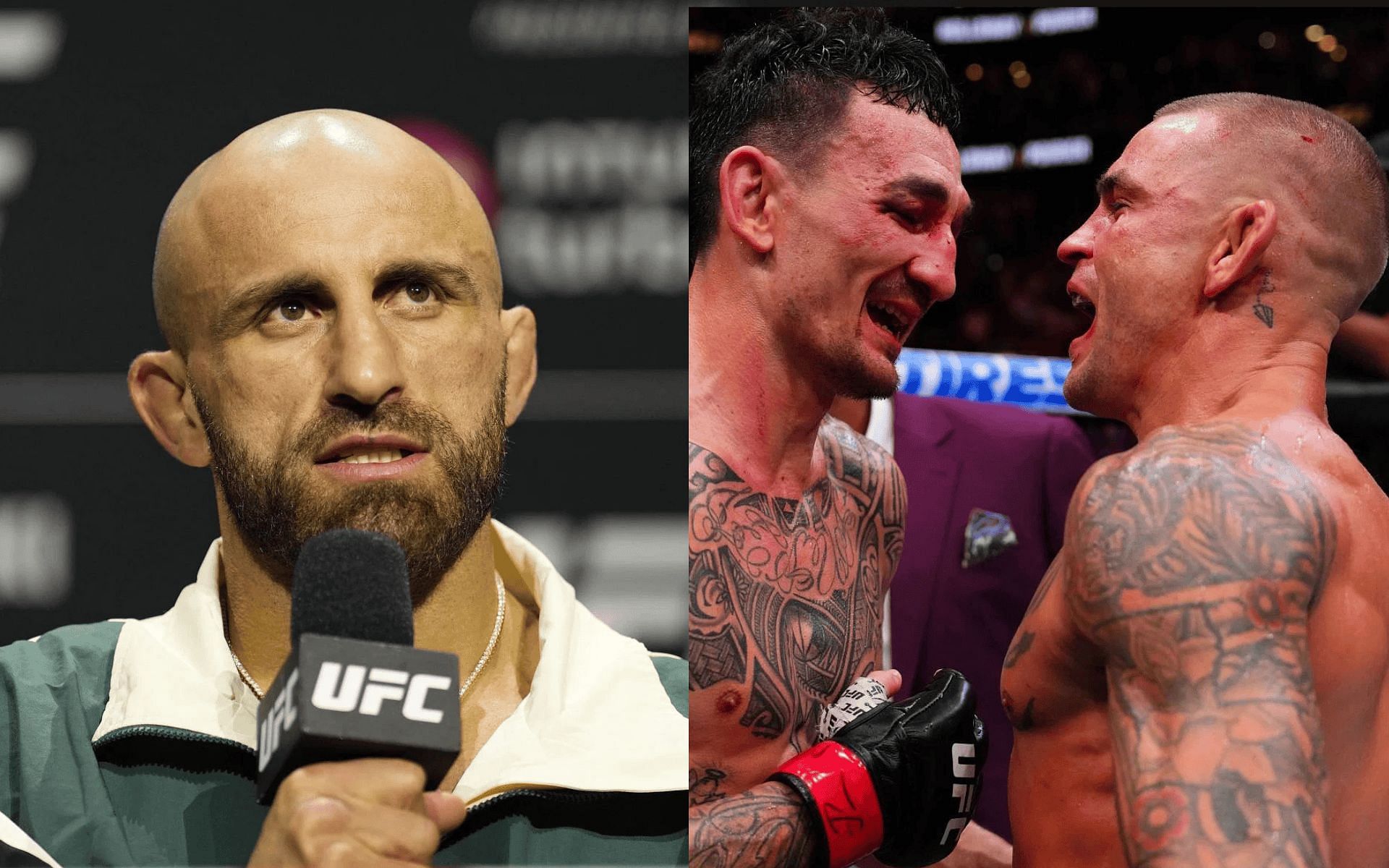 Alexander Volkanovski (left) reacts to Max Holloway vs. Dustin Poirier UFC 318 fight. [Images courtesy: Getty]