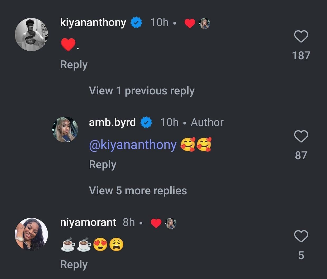 Anthony and Niya Morant&rsquo;s comment on Angel Bradley&rsquo;s Instagram post.