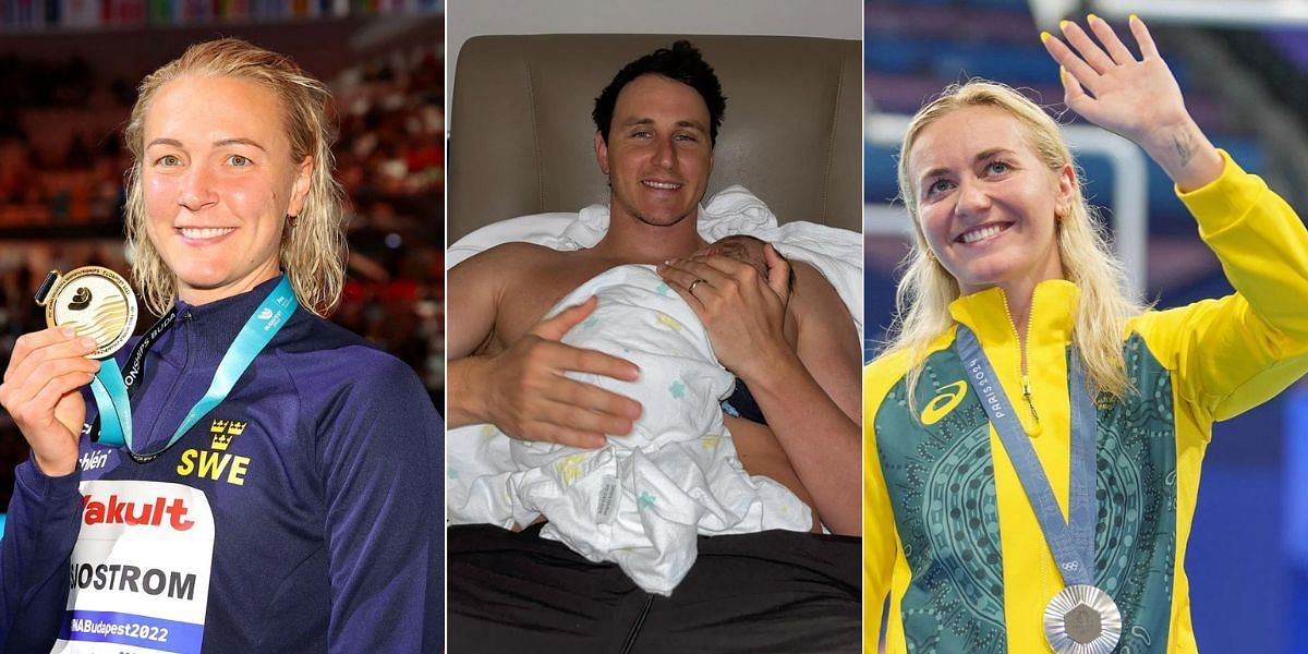 Sarah Sjostrom (L), Ariarne Titmus (R) and others react to Cameron McEvoy