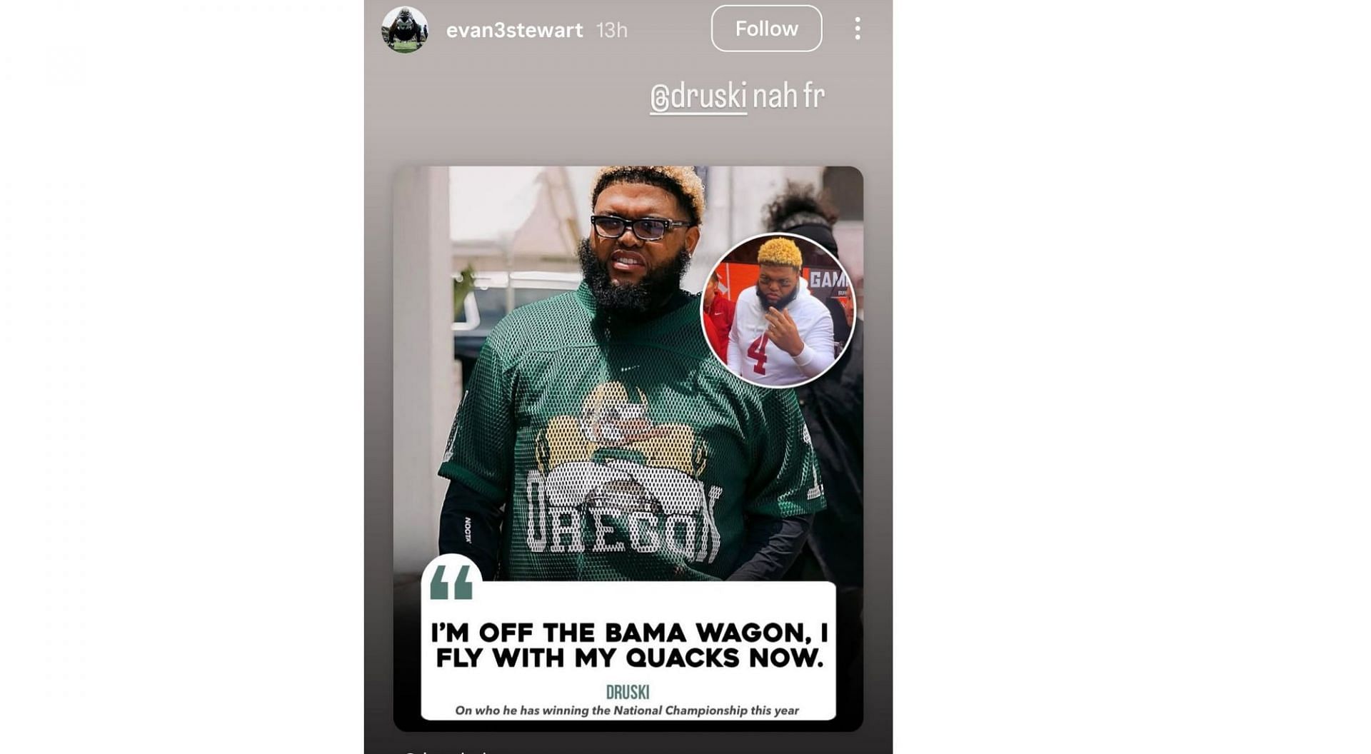 Evan Stewart sends 2-word message to Druski following his switch from Alabama to Oregon