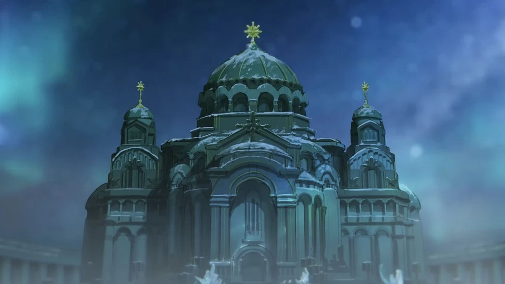 The cathedral in Snezhnaya in Teyvat Chapter Interlude Teaser &quot;A Winter Night