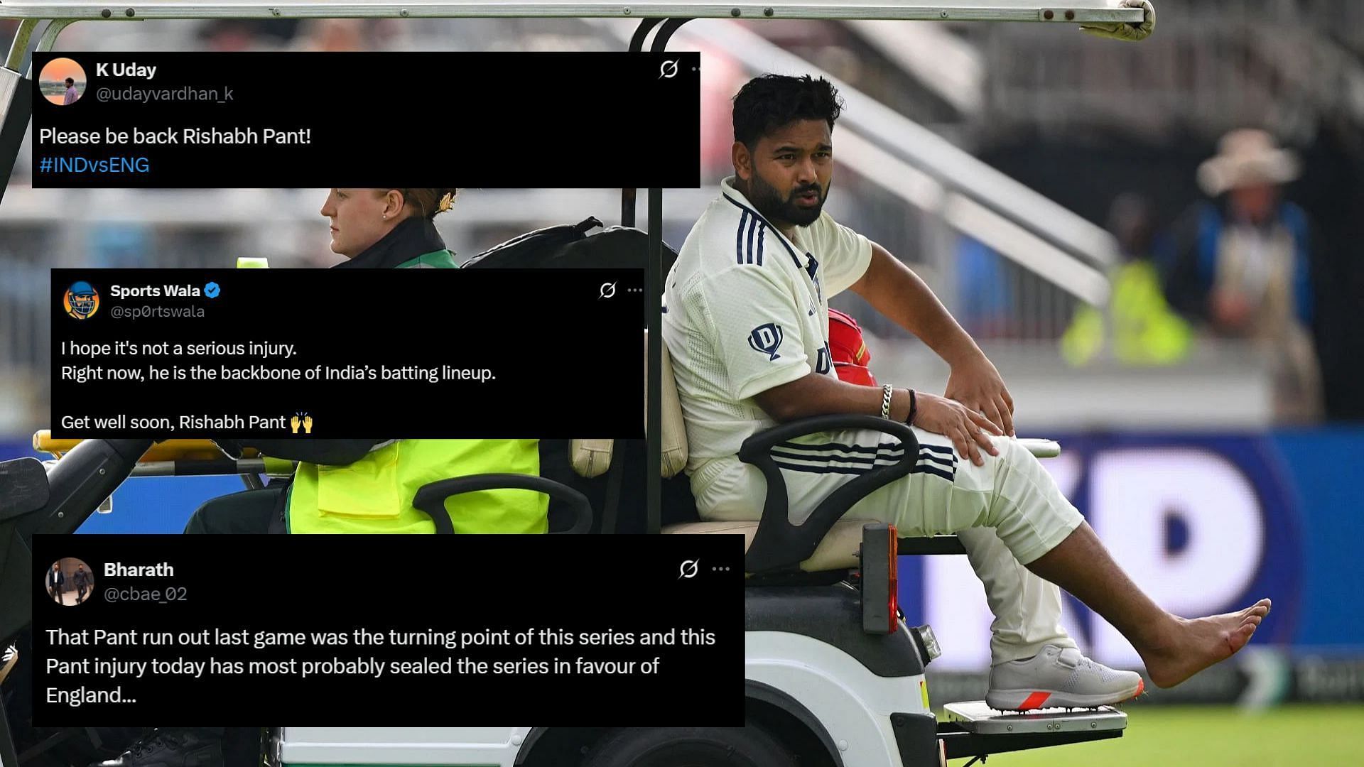 Rishabh Pant being carried off the field on Day 1 of ENG vs IND 2025 4th Test (Image Credits: Getty/@cbae_02,@sp0rtswala,@udayvardhan_k/X)