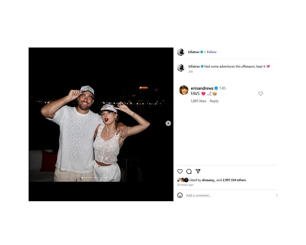 Travis Kelce receives 1-word reaction from Erin Andrews on IG post featuring Taylor Swift [IG/@killatrav]
