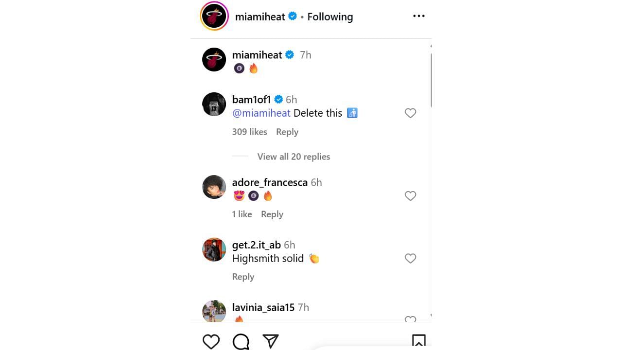 Bam Adebayo&#039;s reaction to Haywood Highsmith changing his jersey number from No. 24 to No. 8. [photo: @miamiheat/IG]