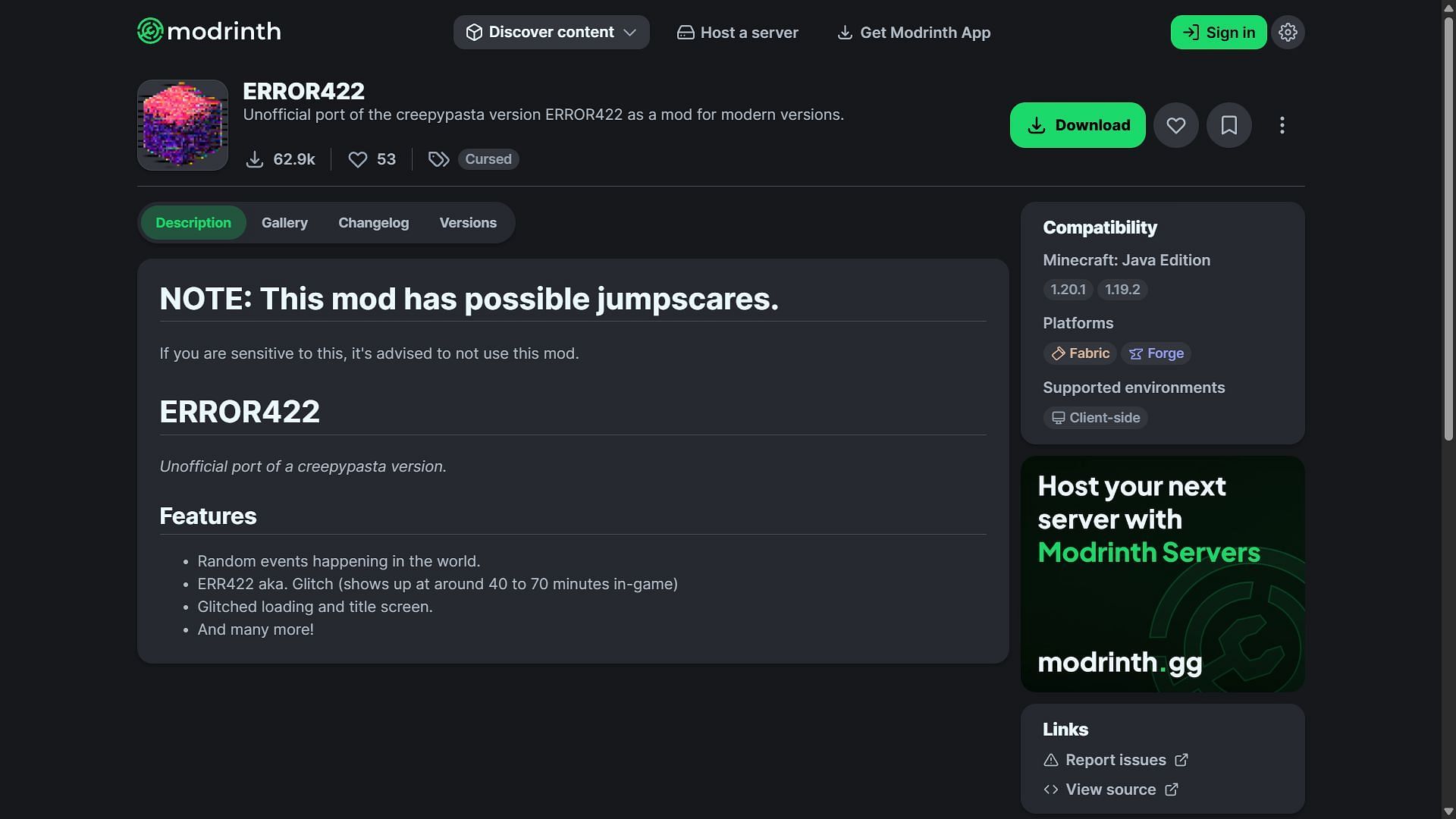ERROR 422 mod can be downloaded from the CurseForge website (Image via Modrinth/Ultreon Studios)