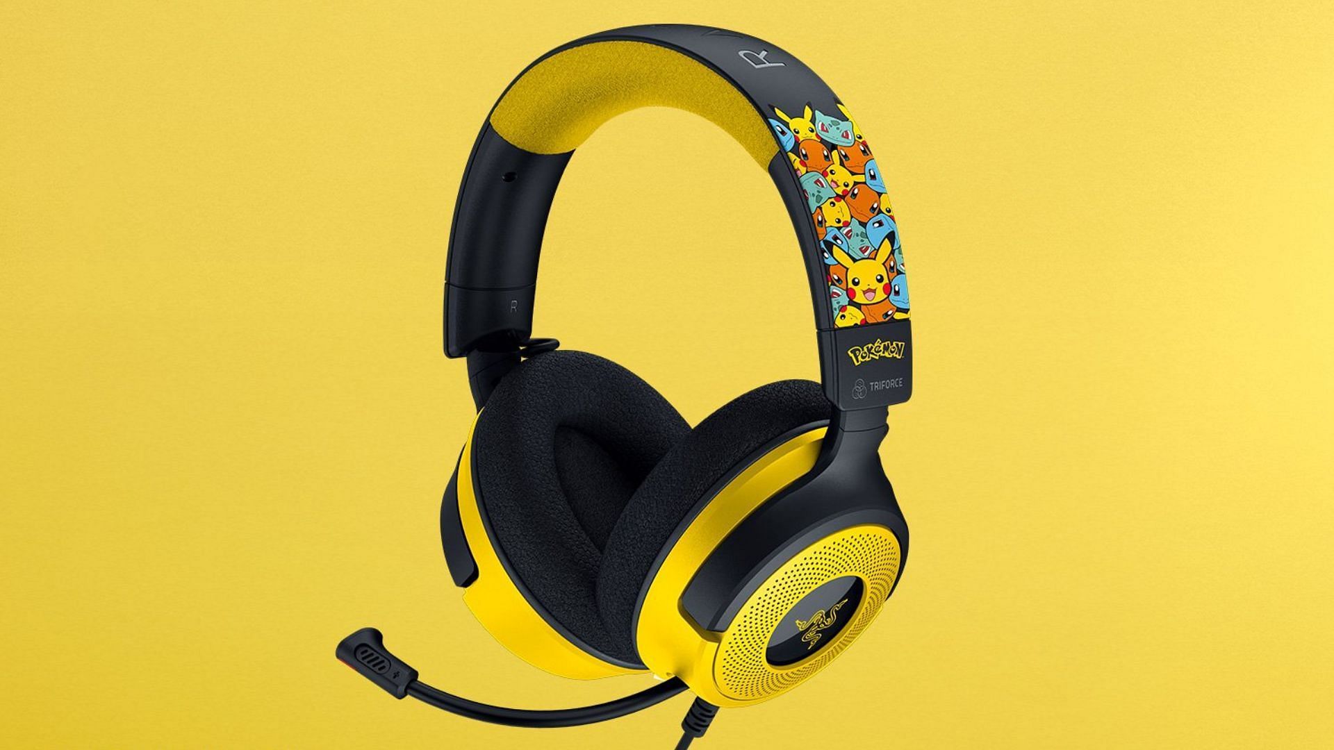 The yellow coloring of the Razer x Pok&eacute;mon Edition looks good on the Kraken V4 X gaming headset (Image via Razer)