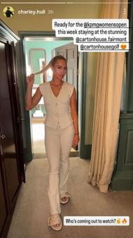 Charley Hull posed in a beige outfit at her hotel, sharing her excitement for the Irish Open (via charley.hull)
