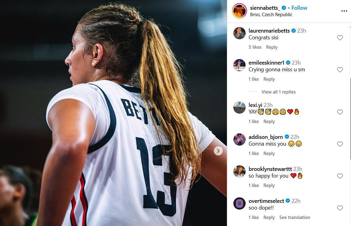 Lauren Betts reacts to Sienna Betts&#039; IG post following FIBA women&#039;s U19 World Cup win. Image via @siennabetts_