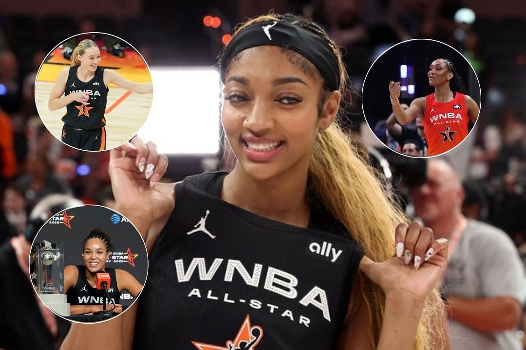 Angel Reese posing during the 2025 WNBA All-Star game in Indianapolis, Napheesa Collier with the All-Star game MVP trophy during the post-game conference, Paige Bueckers smiles during the All-Star game, A