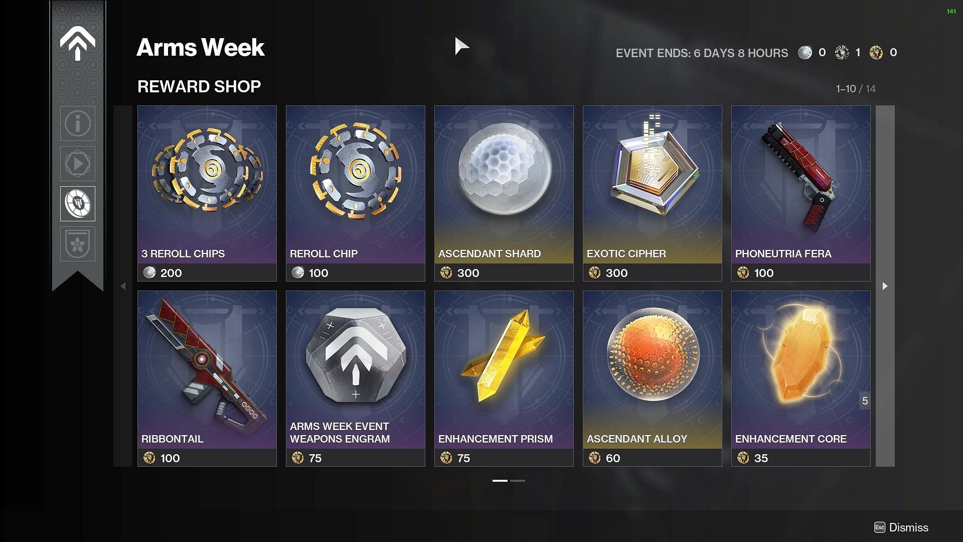 Arms Week event shop for Tokens in Destiny 2 (Image via Bungie)