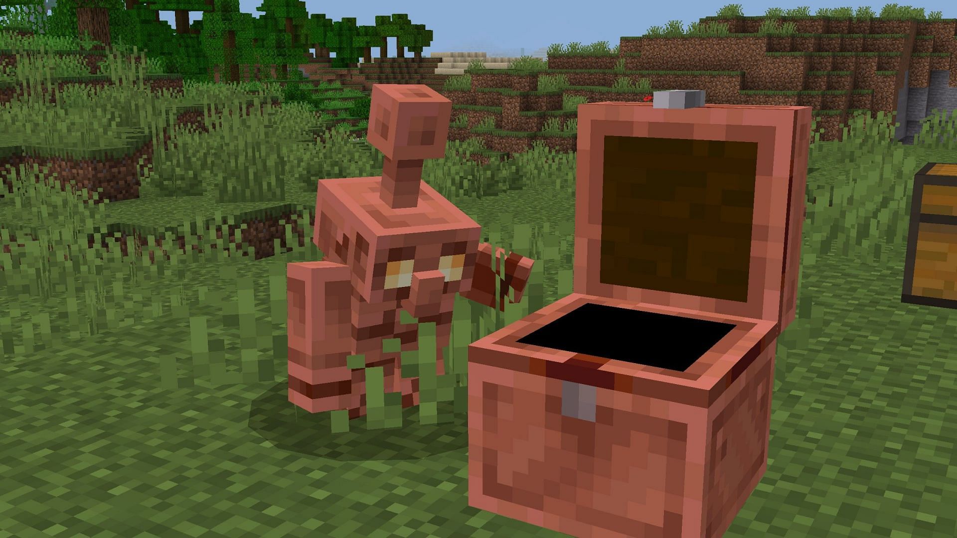 Copper golem with its copper chest (Image via Sportskeeda Gaming || Mojang Studios)