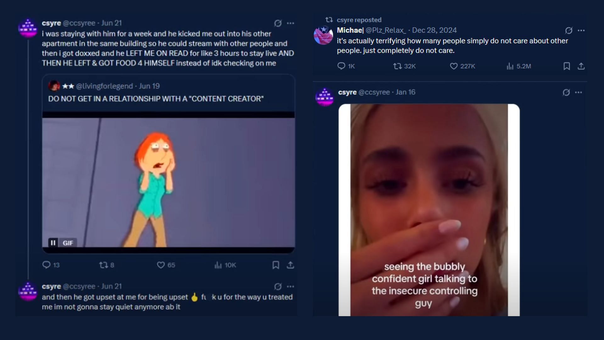 Now-deleted posts from Csyre that may have suggested troubles in her relationship with Skeppy (Images via Alebrazil/YouTube)