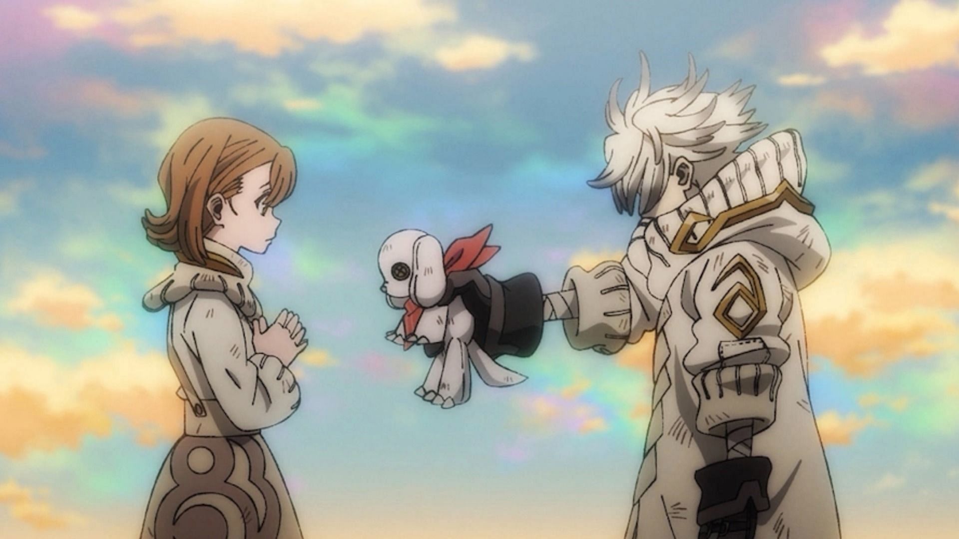 Rudo offers Chiwa a toy in anime (Image via Studio Bones)
