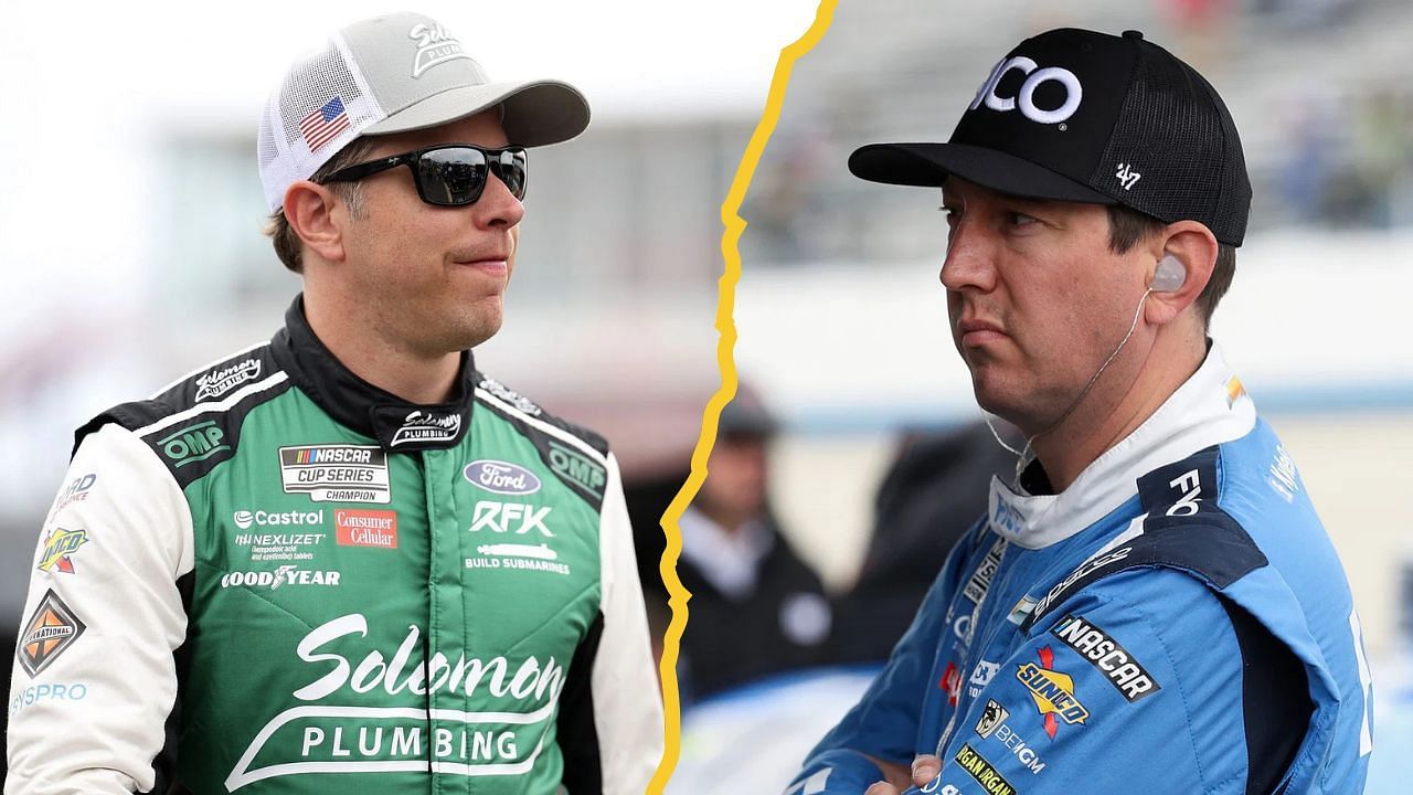 A side-by-side image of NORTH WILKESBORO, NORTH CAROLINA - MAY 16: Brad Keselowski (Left), driver of the #6 Solomon Plumbing Ford, looks on during the NASCAR Cup Series All-Star Pit Road Qualifying Entry/Exit Practice (Open) at North Wilkesboro Speedway on May 16, 2025 in North Wilkesboro, North Carolina. (Photo by James Gilbert/Getty Images); Apr 27, 2024; Dover, Delaware, USA; NASCAR Cup Series driver Kyle Busch (Right) looks at a computer on pit road during practice and qualifying for the Wurth 400 at Dover Motor Speedway. Mandatory Credit: Matthew O