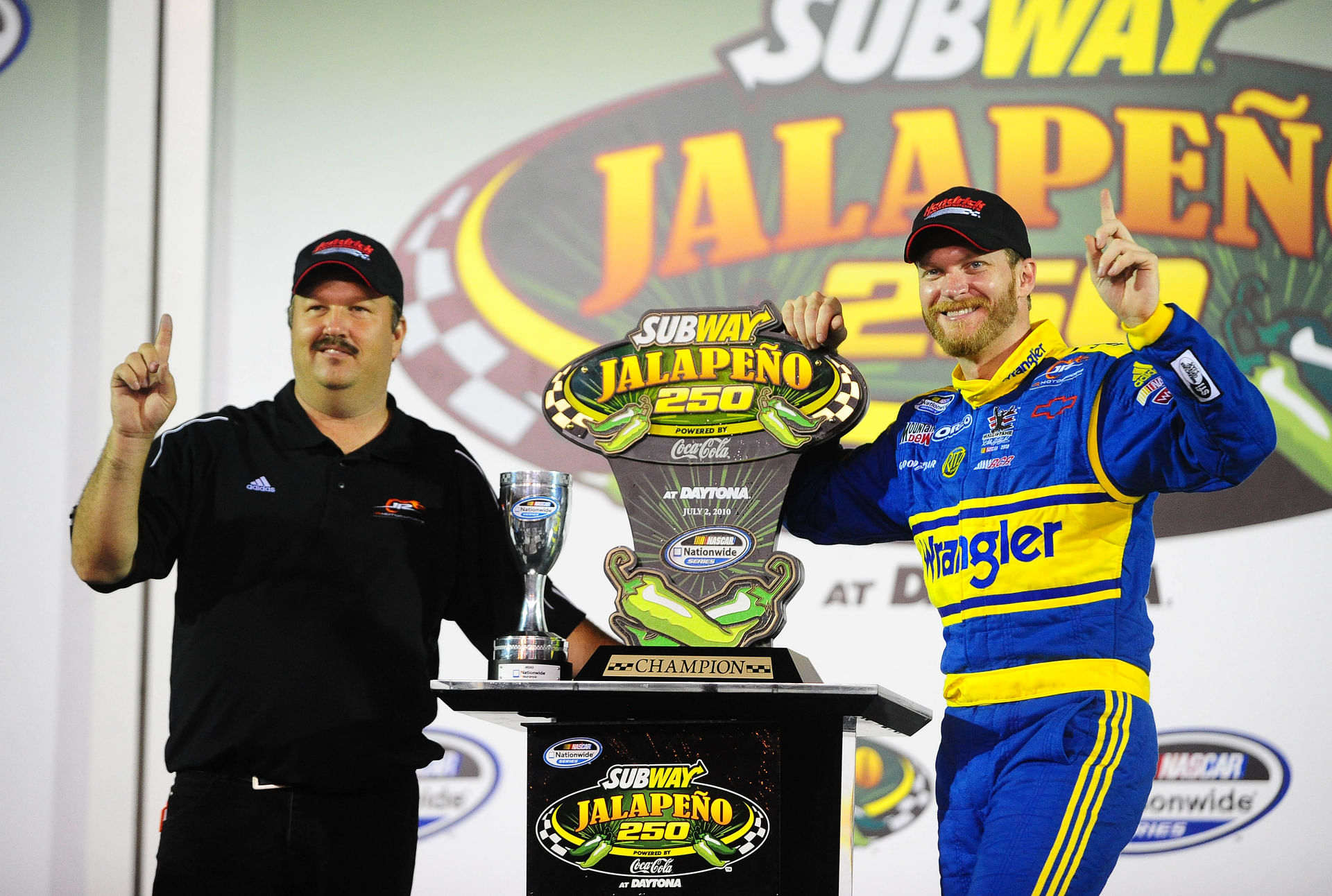 Dale Earnhardt Jr. (right) and crew chief Tony Eury Jr. after winning the 2010 Subway Jalapeno 250. Source: Imagn