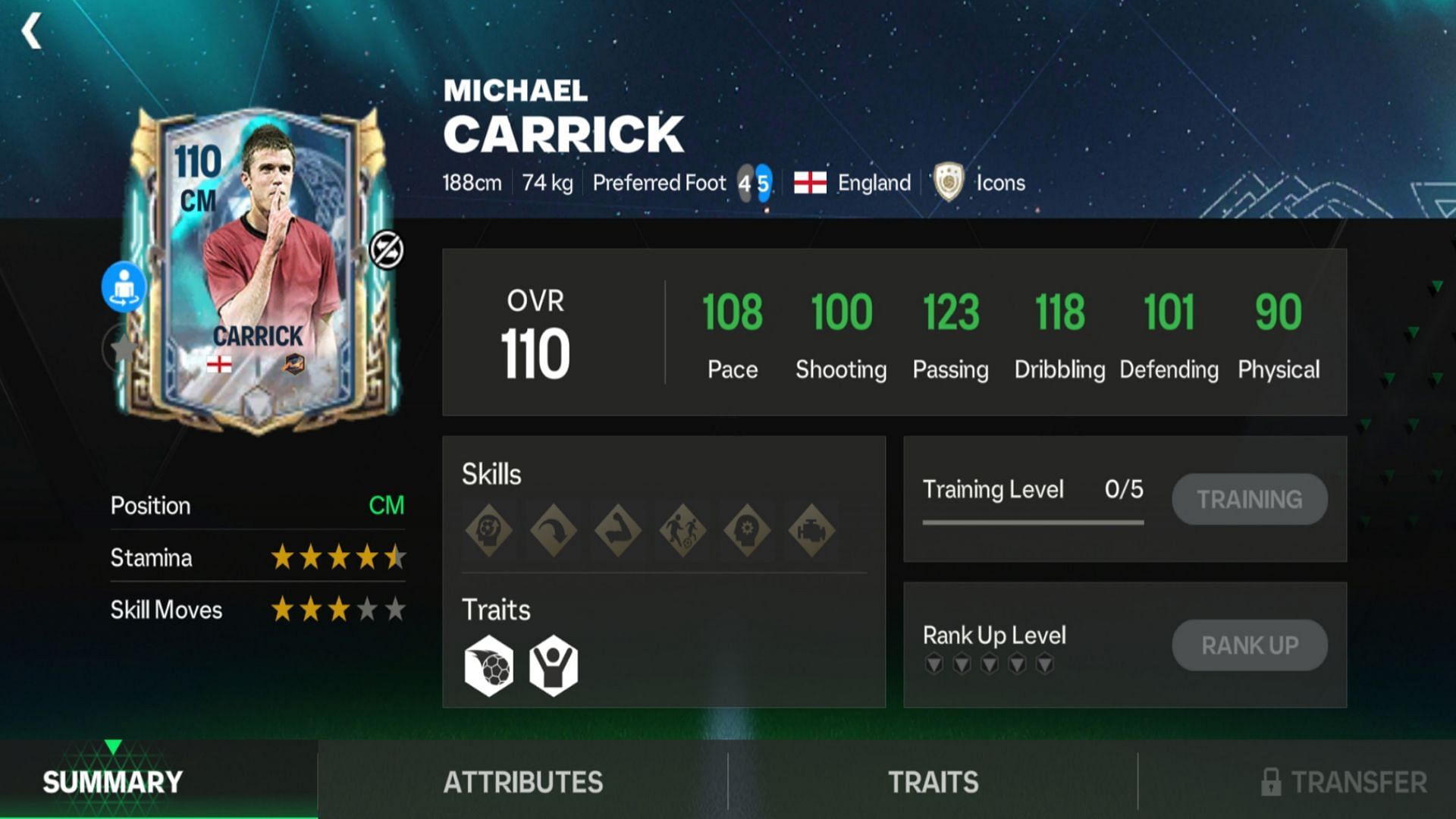 Snippet showing EA FC Mobile Ragnarok Mighty Winter Michael Carrick exchange card stats (Image via EA Sports)