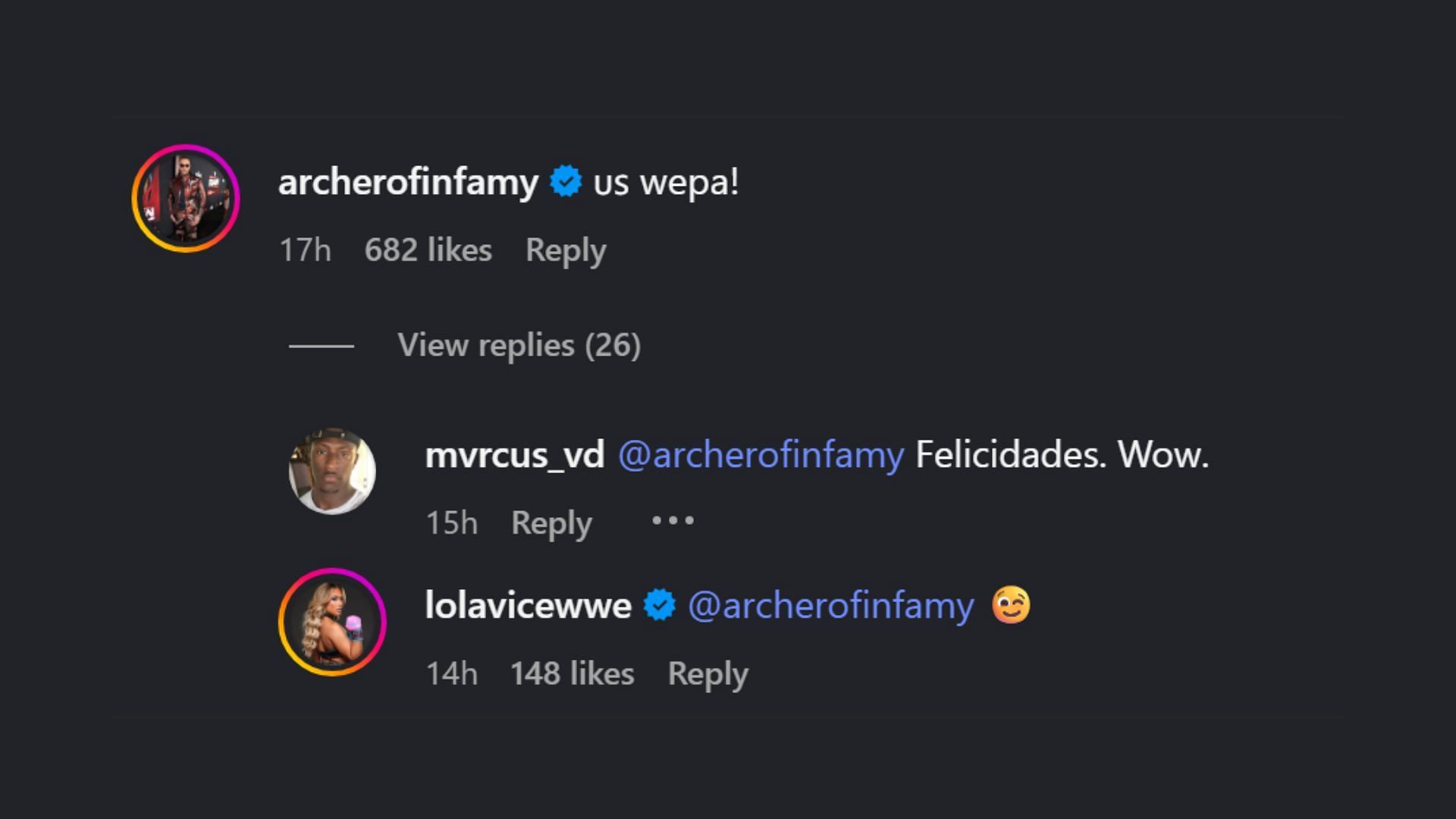 Damian Priest and Lola Vice&#039;s exchange on Instagram! [Image credit: Vice&#039;s Instagram]