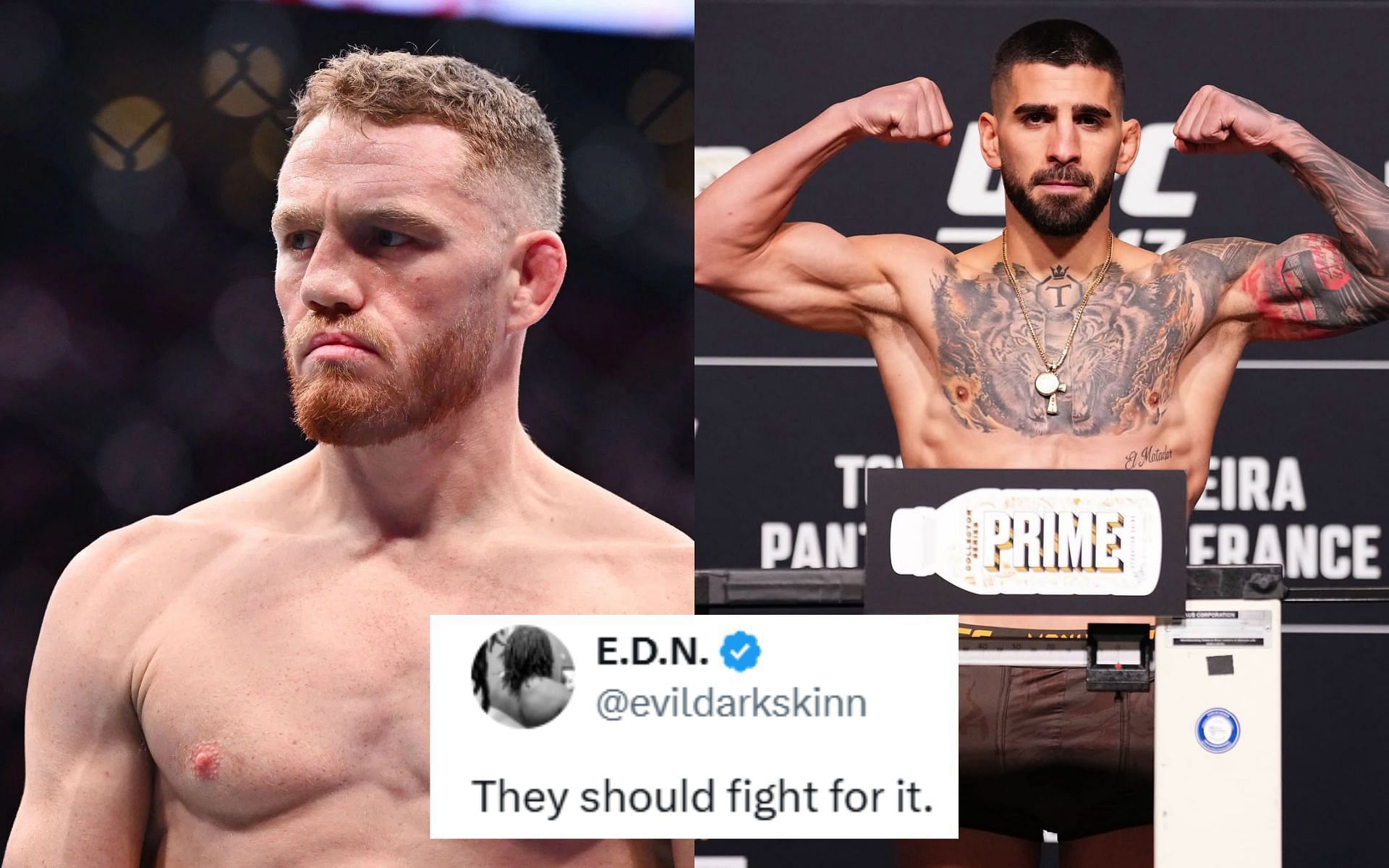 Fans react to Jack Della Maddalena (left) taking aim at Ilia Topuria (right). [Images courtesy: Getty and @ufc on Instagram]