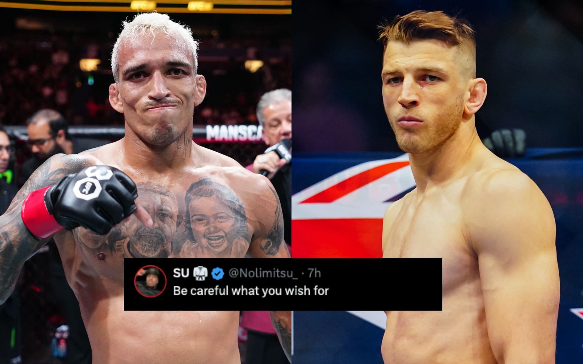 Dan Hooker (right) calls for Charles Oliveira (left) fight. [Image courtesy: Getty Images] 