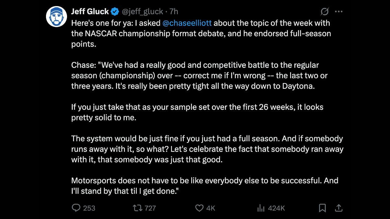 Chase Elliott shared his thoughts on NASCAR&#039;s championship format. Source: X/Jeff Gluck