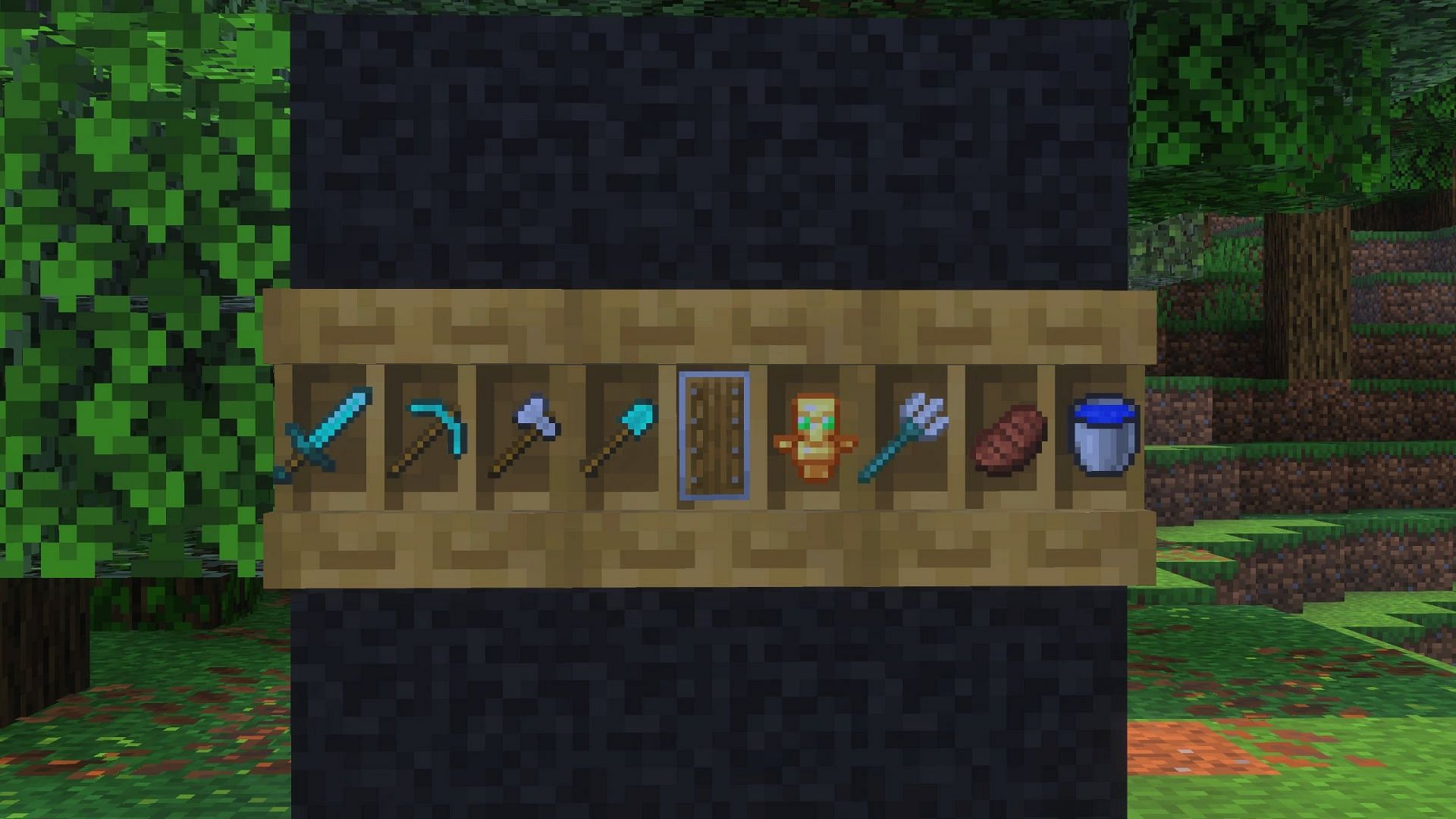 The new shelf block can help players quickly equip and unequip useful items in their hotbar (Image via Sportskeeda Gaming || Mojang Studios)
