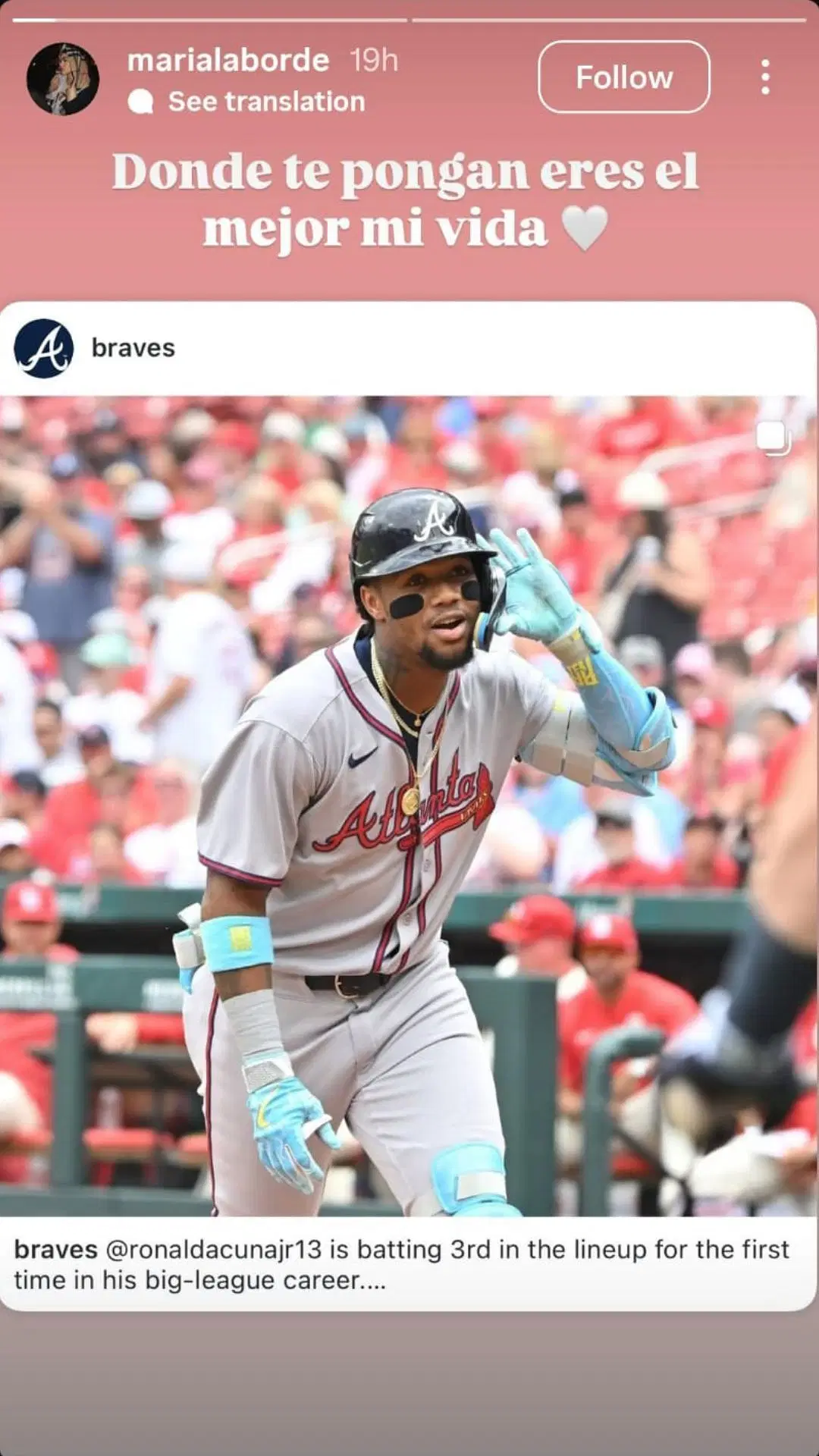 Ronald Acuna Jr.&#039;s wife Maria&#039;s story [Image Credits: Instagram - @marialaborde]