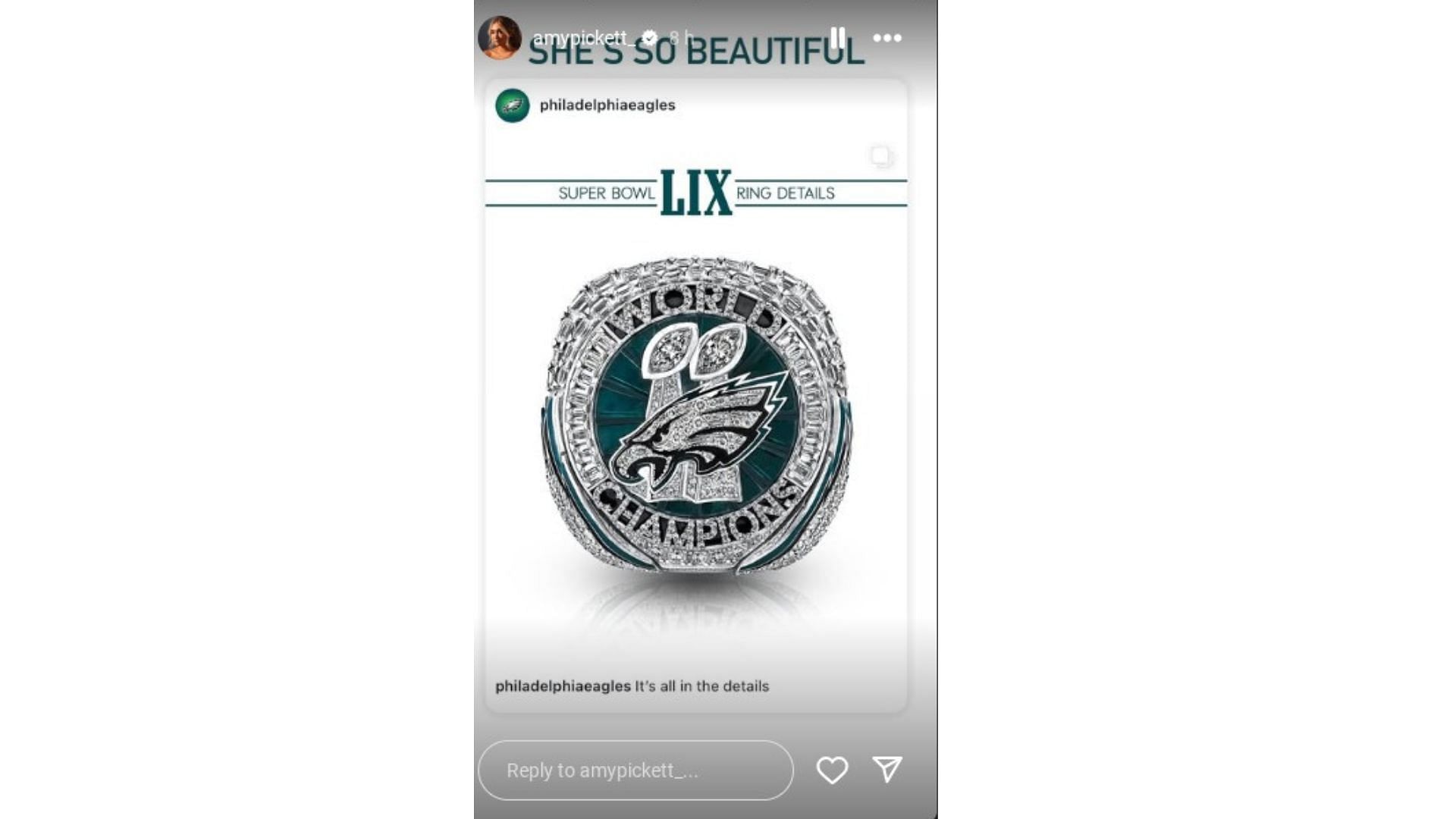 The quarterback&#039;s wife then raved over the design of the Super Bowl LIX ring. (Photo via Amy Pcikett&#039;s Instagram Story)