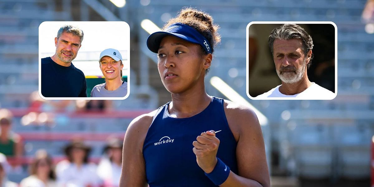 Naomi Osaka (background), Tomasz Wiktorowski and Iga Swiatek (left inset), Patrick Mouratoglou (right inset), Sources: Getty