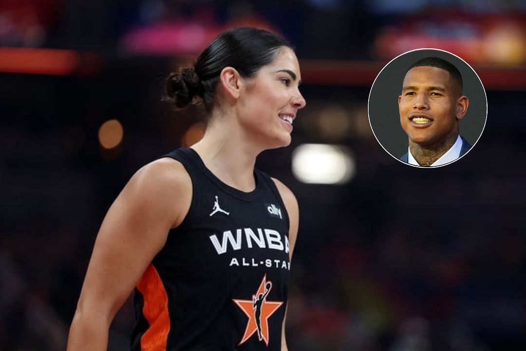 Kelsey Plum smiles during the 2025 WNBA All-Star game at the Gainbridge Fieldhouse, Former Raiders star Darren Waller posing for a picture during an event