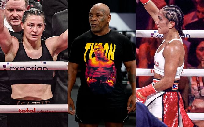 Mike Tyson congratulates Katie Taylor and Amanda Serrano after their trilogy bout while reminding Jake Paul about $1 million wager