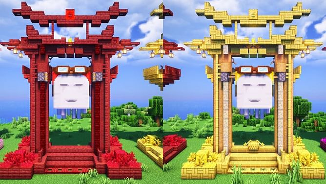 Minecraft player showcases beautiful Torii gate-inspired docking stations for happy ghasts