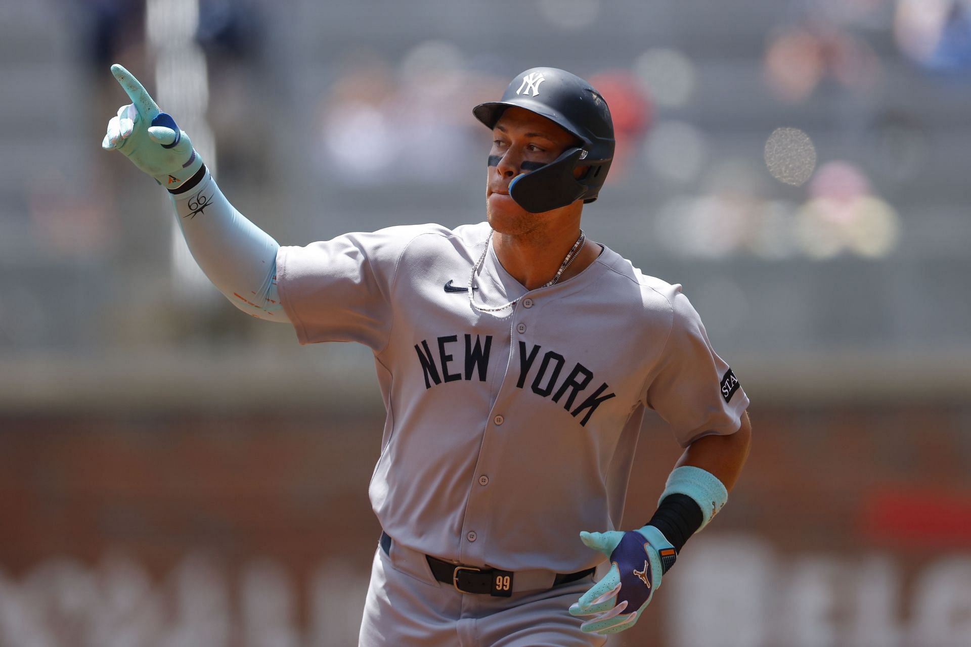 Judge celebrates after hitting his 351st home run against the Atlanta Braves - Source: Getty