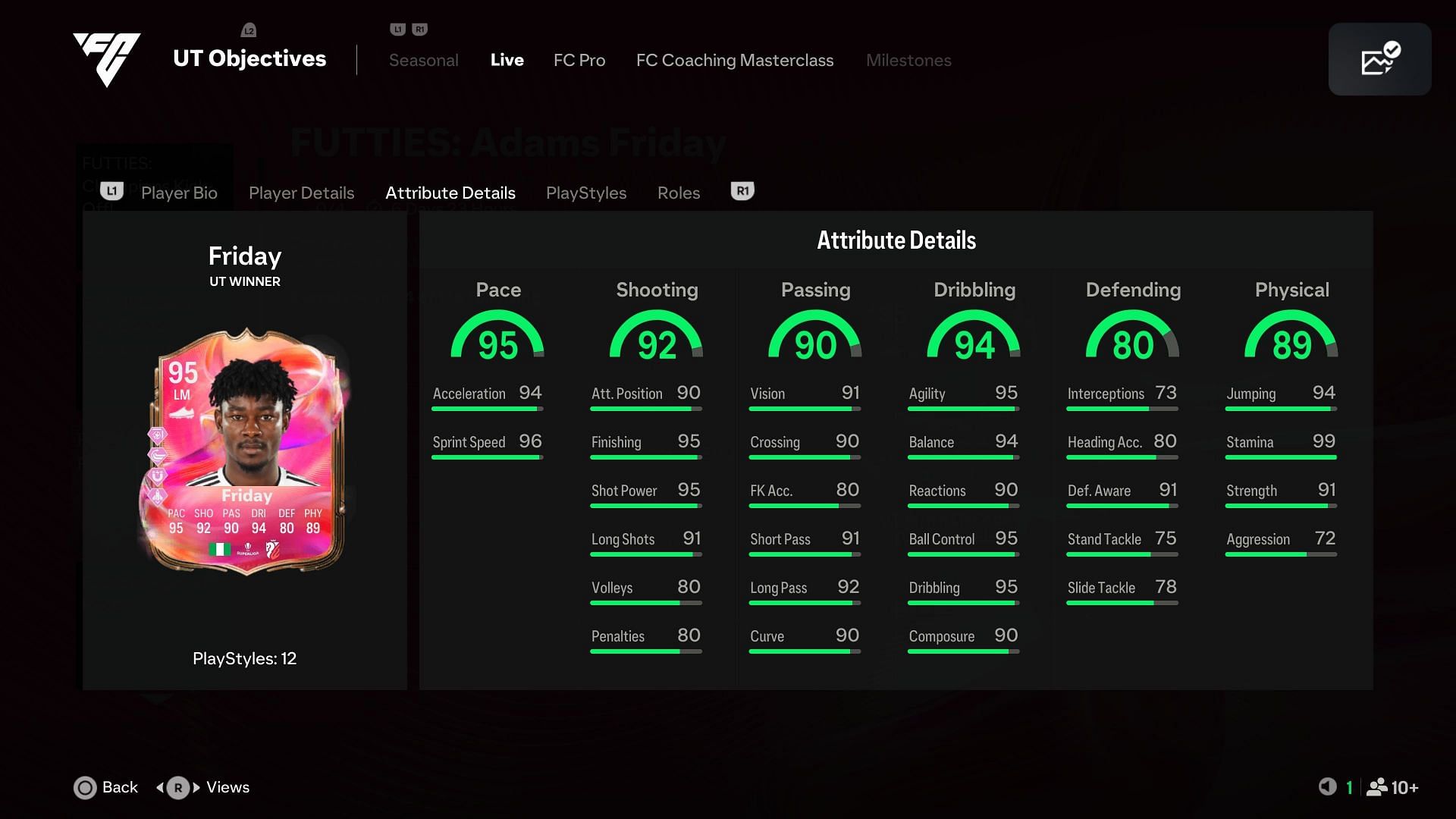 Stats of EA FC 25 Futties Adams Friday (Image via EA Sports/Sportskeeda Gaming)