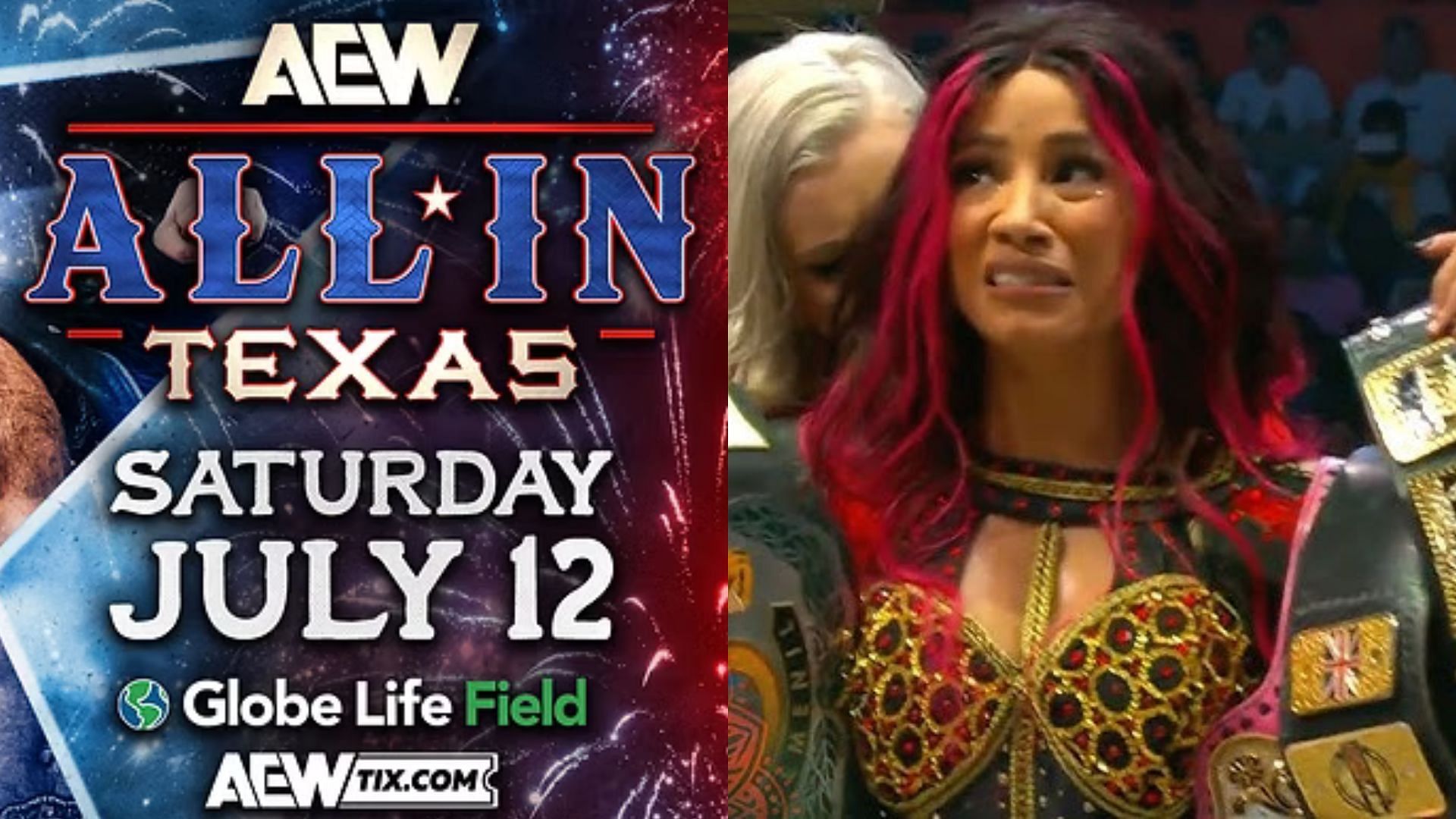 All In logo (left) and Mercedes Mone (right). (Image credits: allelitewrestling.com &amp; AEW YouTube channel)