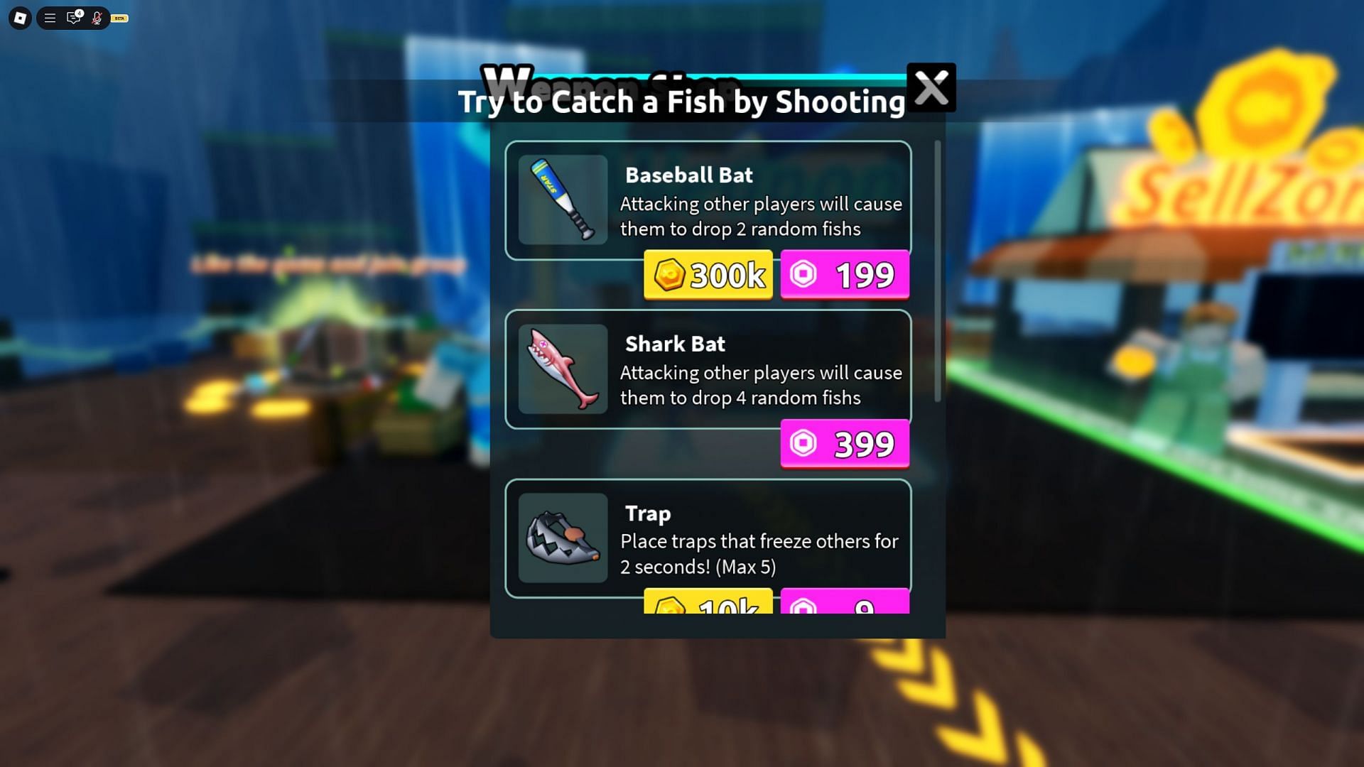 You can use these weapons to steal fish from other players (Image via Roblox)