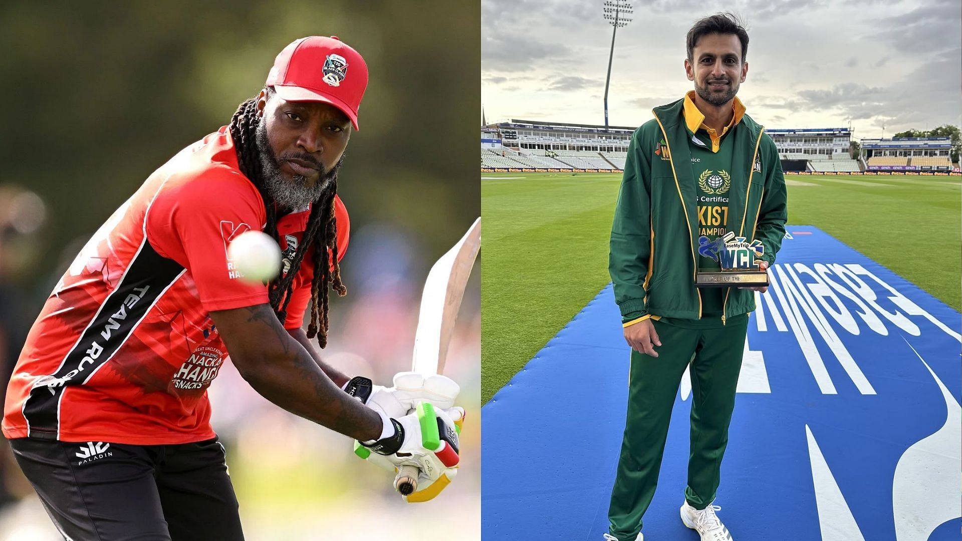 Chris Gayle featuring for the Team Black during the T20 Black Clash Event and Shoaib Malik awarded for his match winning knock against West Indies Champions