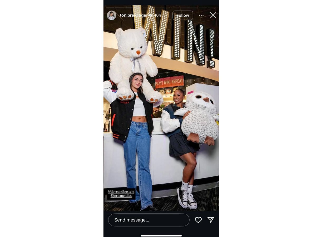 &#039;Toni with Jordan Chiles at Dave &amp; Buster&#039;s (Image via Instagram/ @tonibreidinger)
