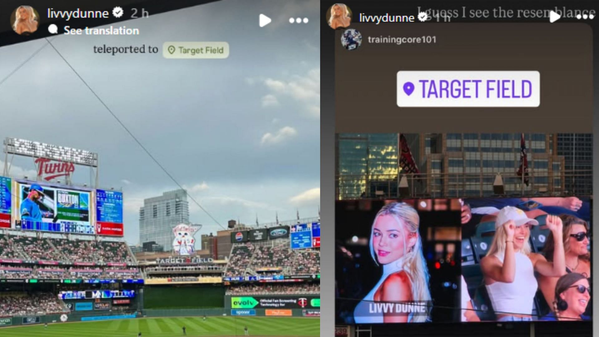 Screengrabs of Olivia Dunne&#039;s latest appearance at the Pittsburgh Pirates&#039; match at Target Field [Image Source: Olivia Dunne&#039;s Instagram]