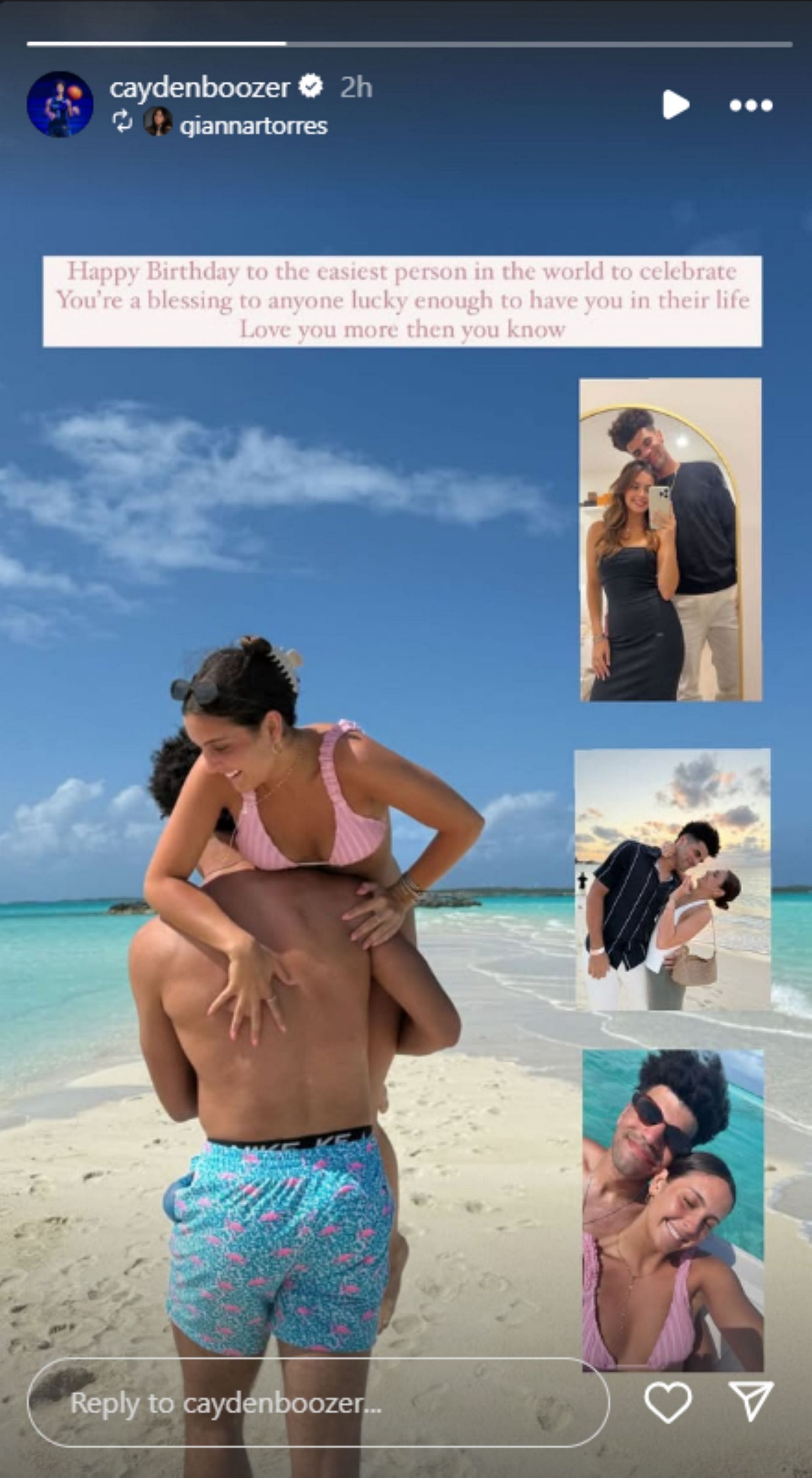 Duke freshman Cayden Boozer receives heartfelt message from girlfriend Gianna Torres on special day (Image via Instagram @caydenboozer)