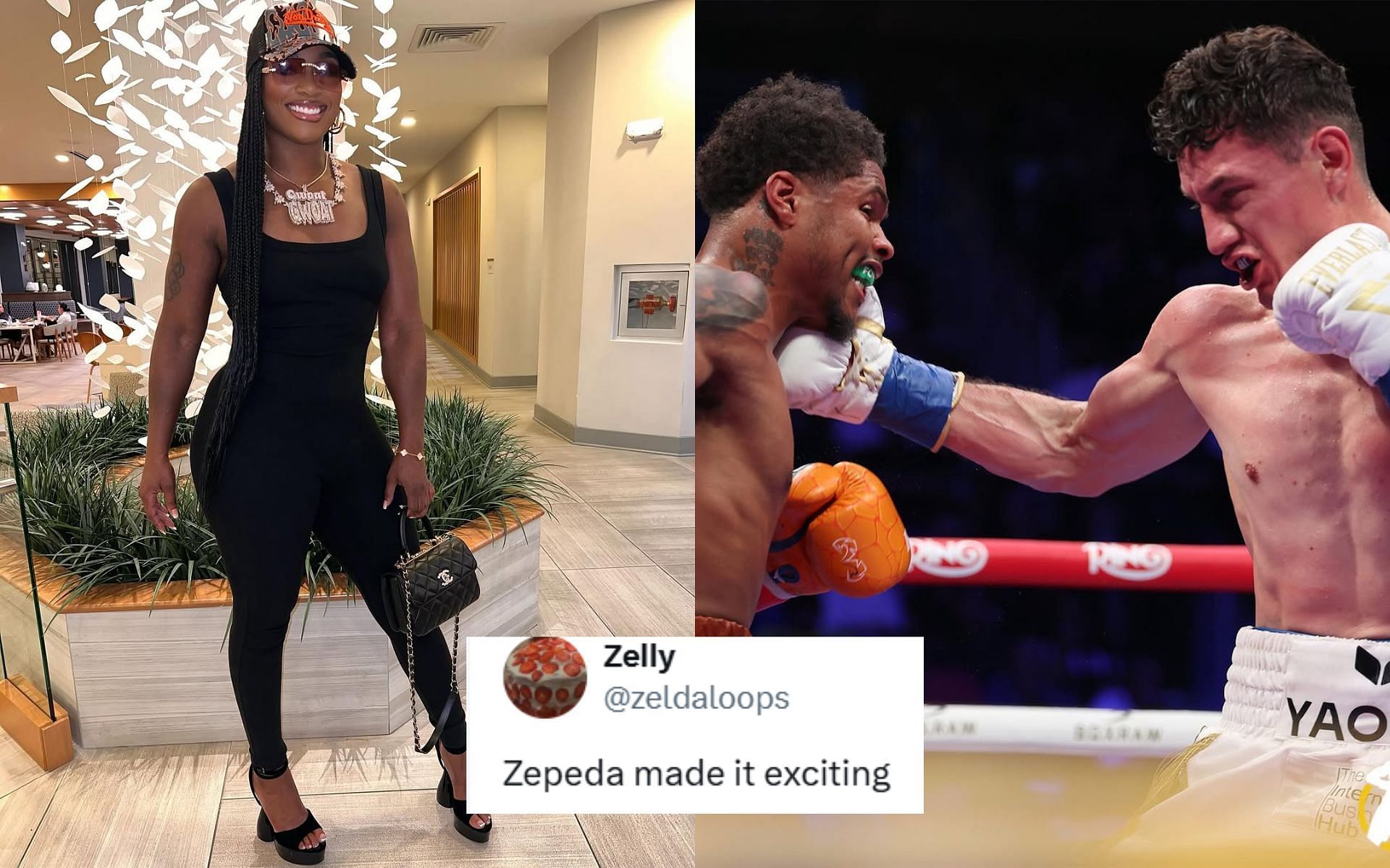 Claressa Shields (left) praises Shakur Stevenson (center) after his win against William Zepeda (right). [Images courtesy: @claressashields and @goldenboy on Instagram]  