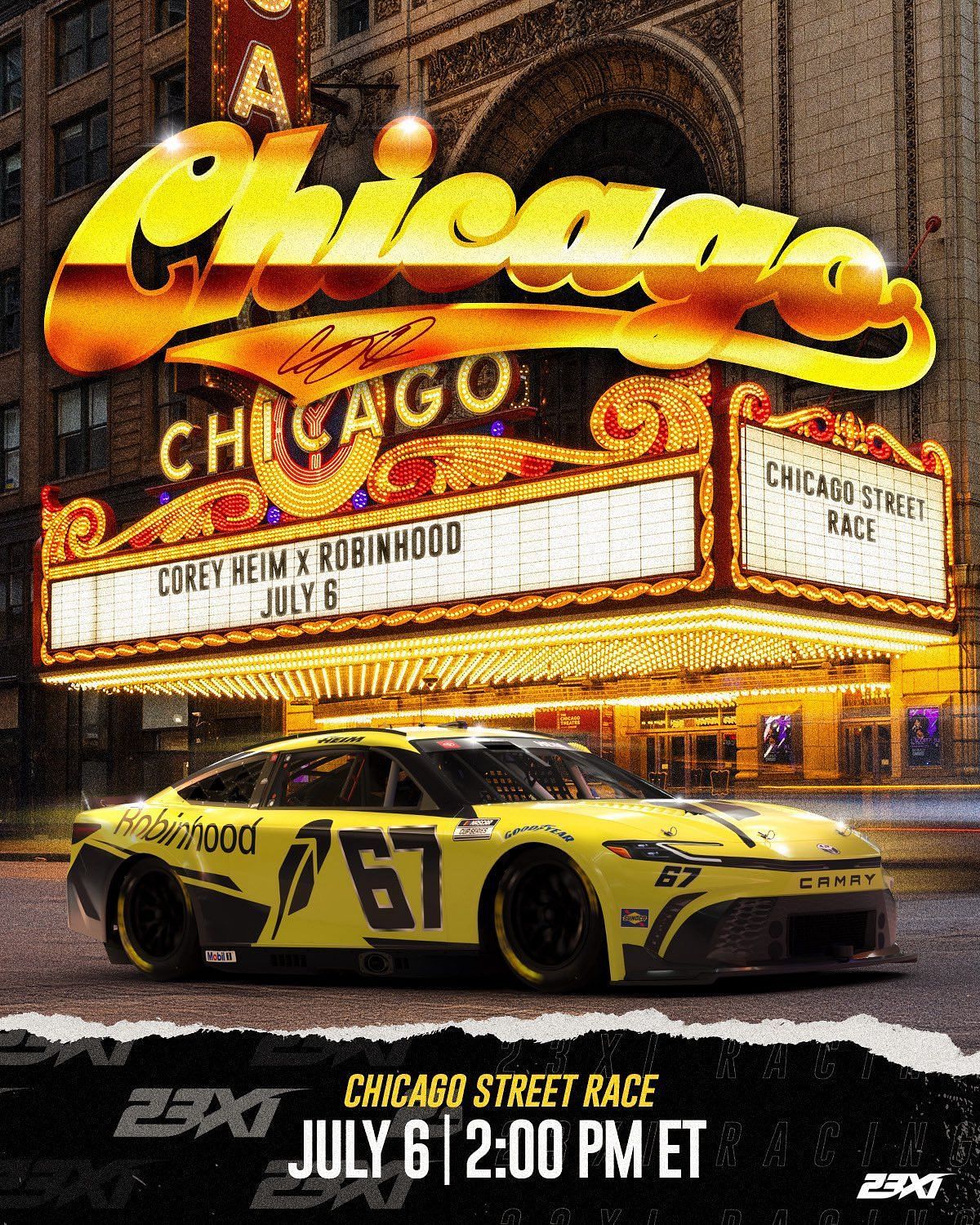 Corey Heim&#039;s No. 67 Robinhood 23XI Racing Toyota for NASCAR&#039;s Chicago Street race. Source: @23XIRacing via X.