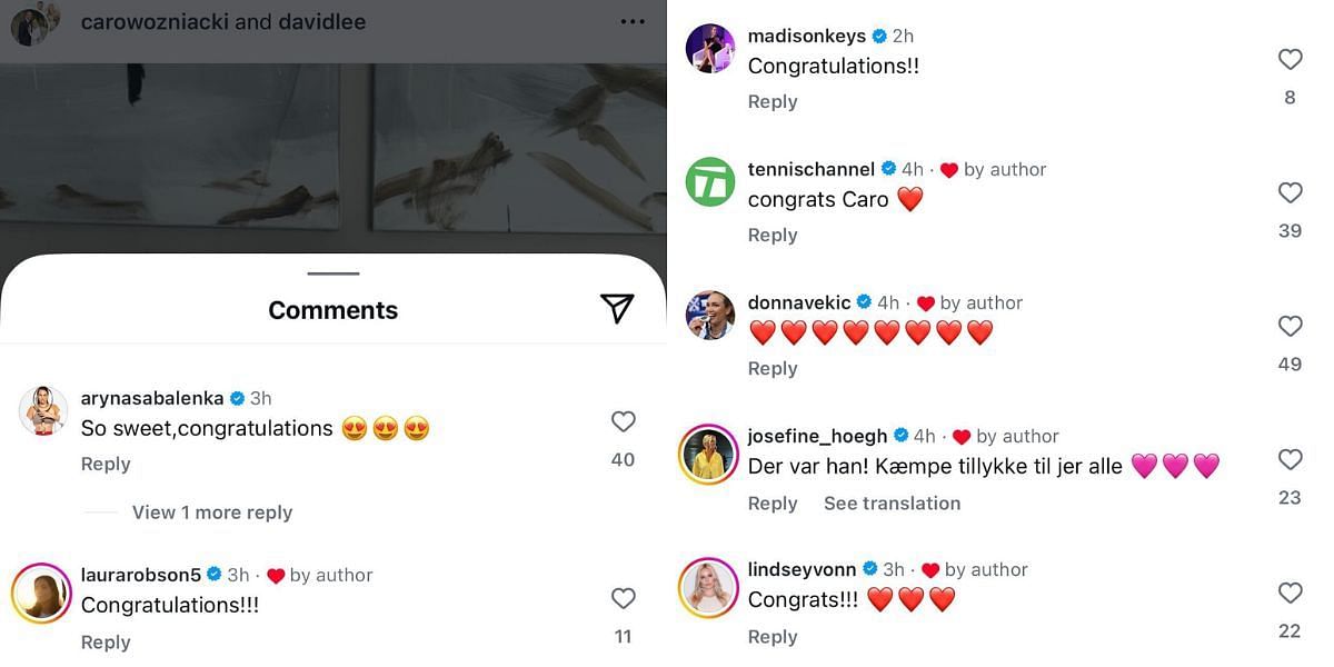 Players&#039; reactions on Instagram to Wozniacki becoming a mother for a third time (Source: Instagram/carowozniacki)