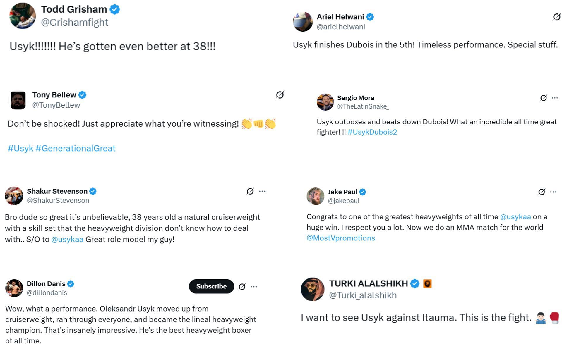 Screenshots of boxing community&#039;s reaction to Oleksandr Usyk&#039;s win over Daniel Dubois