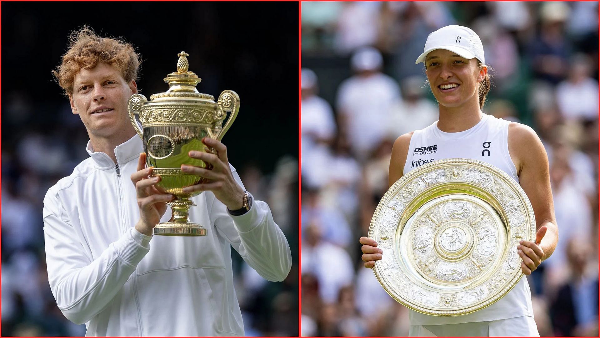 Jannik Sinner (L) and Iga Swiatek (R) with their Wimbledon trophies | Getty