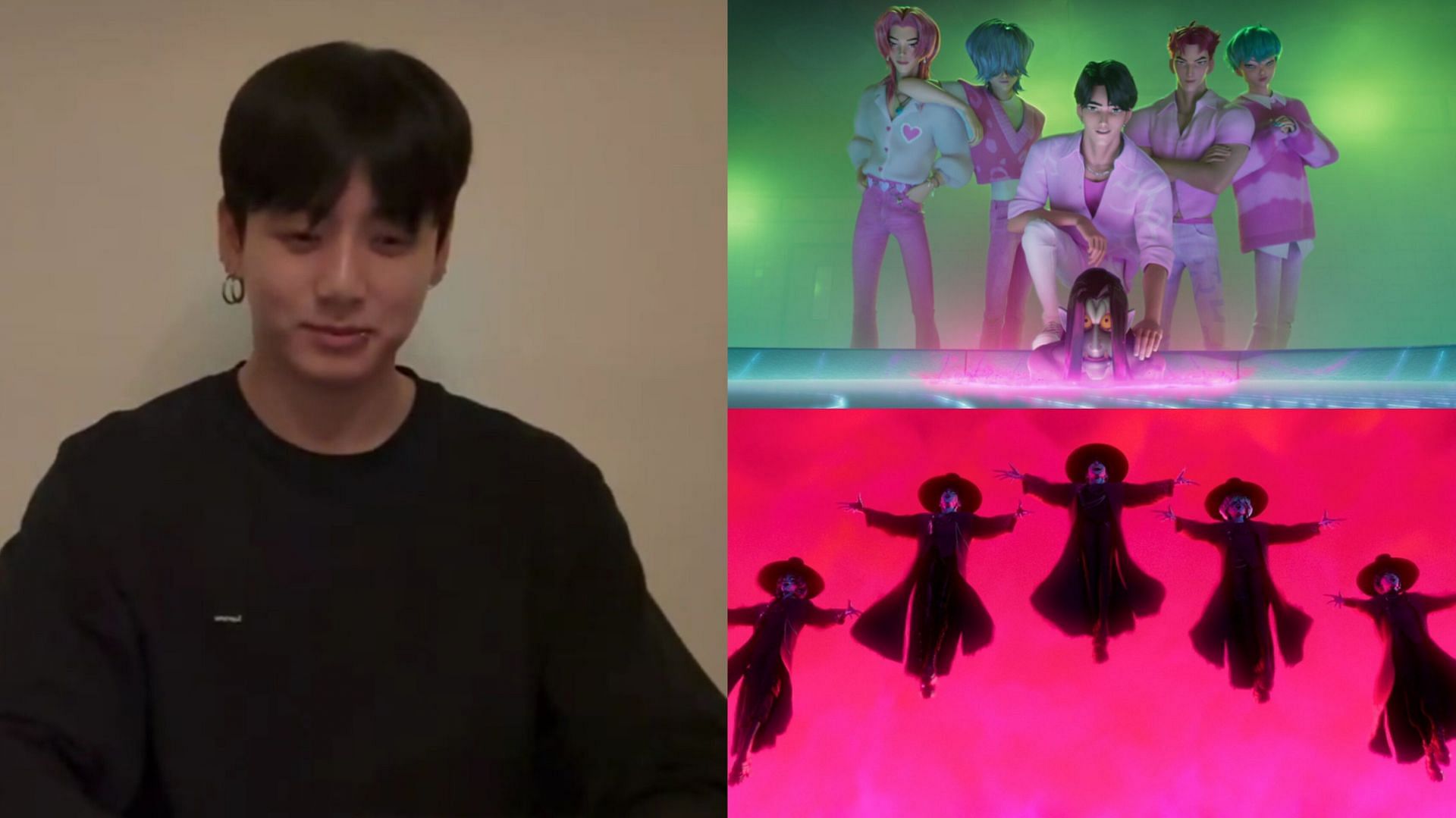 Jungkook reveals watching Kpop Demon Hunters (Images via Weversw live &amp; Netflix&rsquo;s website)