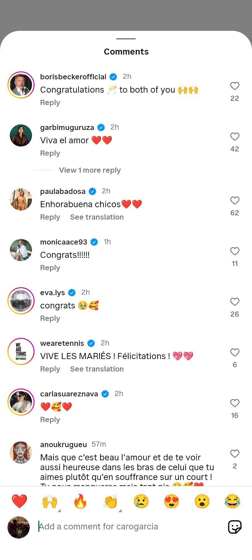 Paula Badosa, Garbine Muguruza, and others&#039; comments on Caroline Garcia&#039;s post