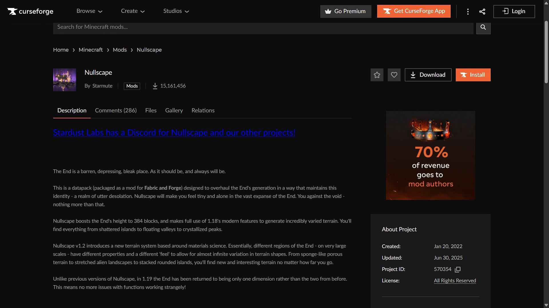 Nullscape can be downloaded from the CurseForge website (Image via CurseForge/Starmute)