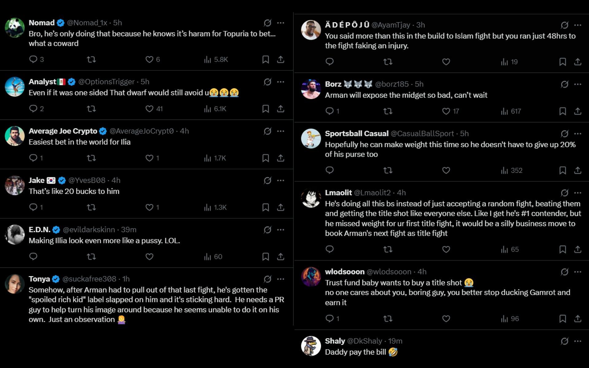 Fans react to Arman Tsarukyan&#039;s challenge to Ilia Topuria. [Screenshots courtesy: @ChampRDS on X]
