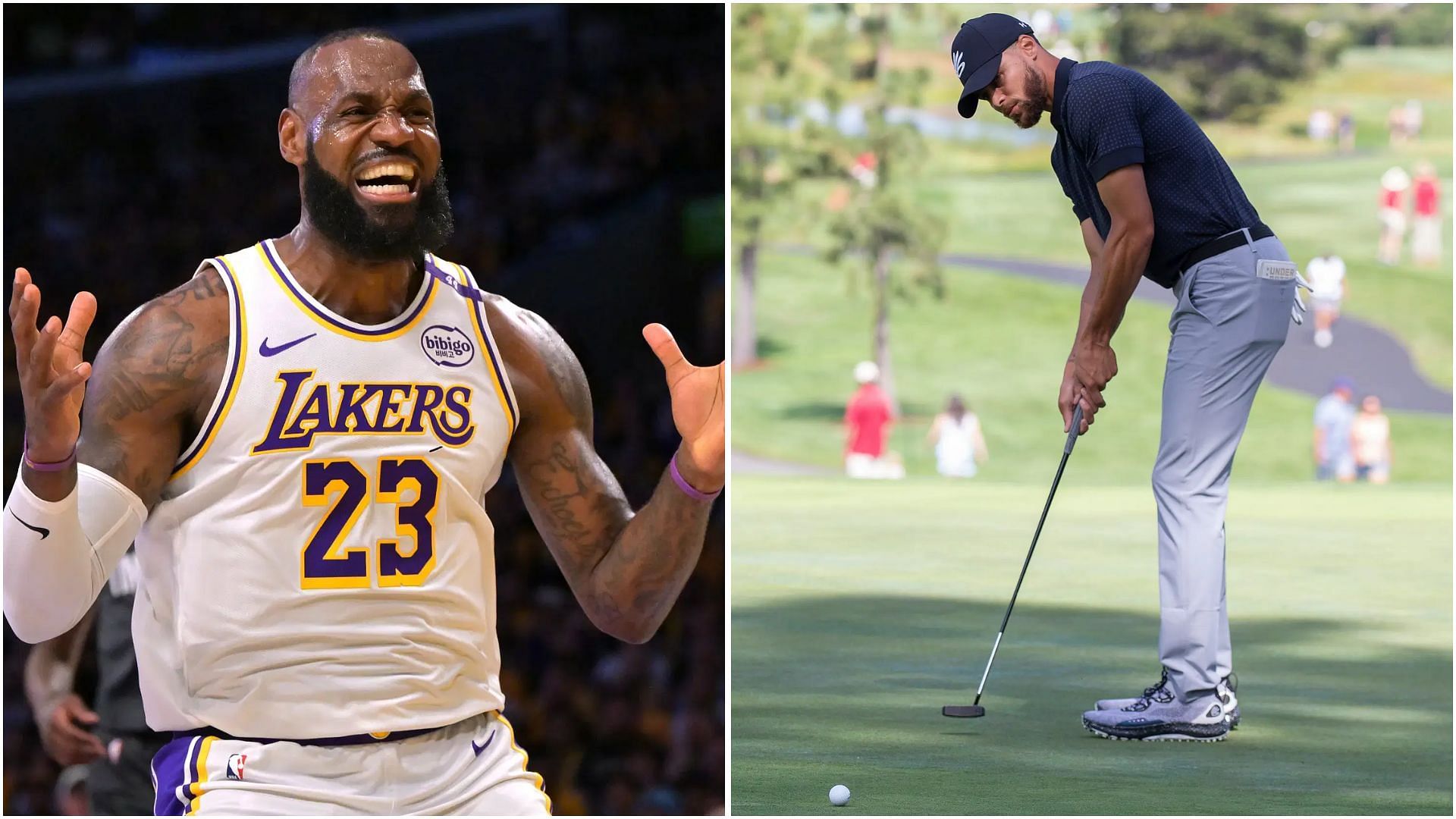 Steph Curry wholeheartedly welcomes LeBron James to golf after mimicking his swing. (Photos: IMAGN)